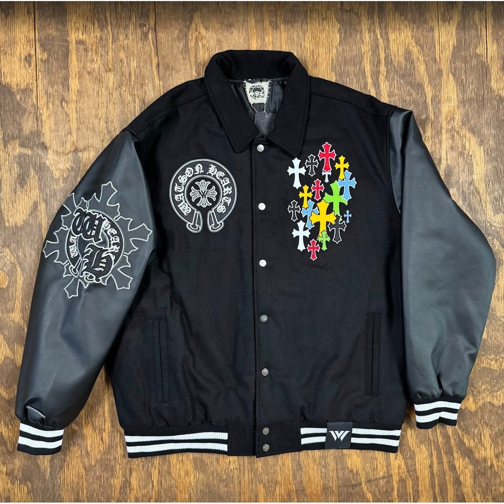NWT Watson Hearts Varsity Jacket 3XL Black Embroidered Faux Leather Gothic